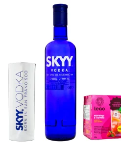 Kit Vodka Skyy 750ml + Caixa Preparo para Drinks Chás Leão Morango com Hortelã + Copo Acrílico