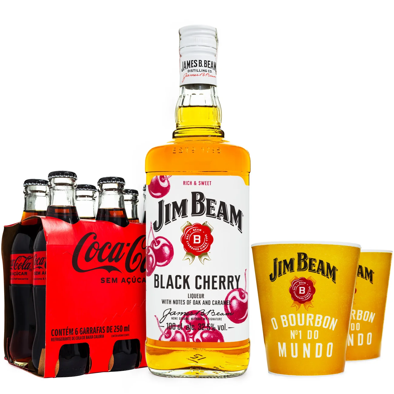 Combo Jim Beam Black Cherry Bourbon Whiskey 1L + 6 Coca-Cola Zero 250ml + 2 Copos